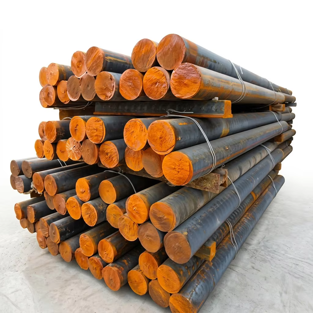 Cast iron bars with colour-coded ends stacked in the warehouse