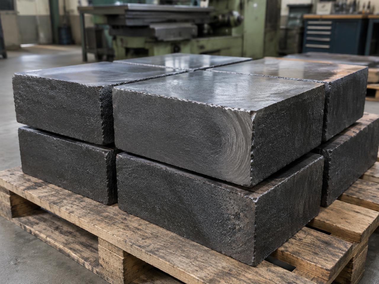 Rough-milled ductile iron blocks stacked on a pallet before finish machining